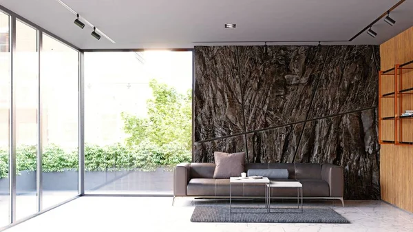 modern dark living interior with rock feature. 3d rendering