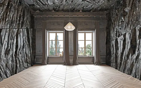 modern dark living interior with rock feature. 3d rendering
