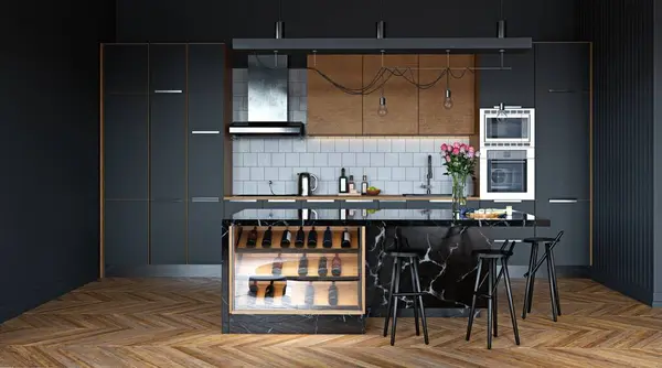 modern dark kitchen interior. 3d rendering