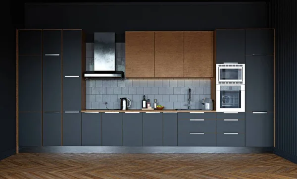 Interior Moderno Cozinha Escura Renderização — Fotografia de Stock