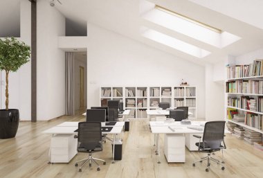 Açık ofis iç mekanının 3 boyutlu iç mekanı. Konsept tasarım oluşturucu