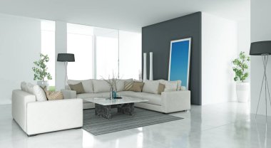 Modern bir apartman dairesinin 3 boyutlu çizimi.