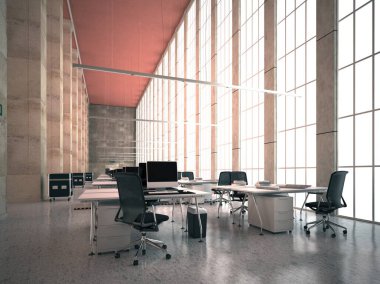 Beton zemin, panoramik pencere ve gün ışığı olan modern ofis binası. 3B Hazırlama