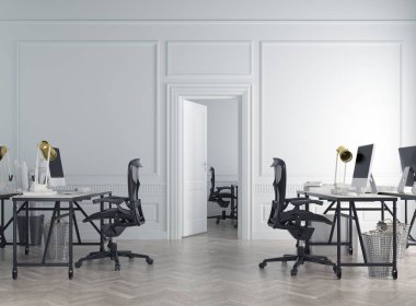 Beyaz duvarları, ahşap zemini, sıra sıra bilgisayar masaları ve sandalyeleri olan modern lüks ofis. 3D oluşturma maketi