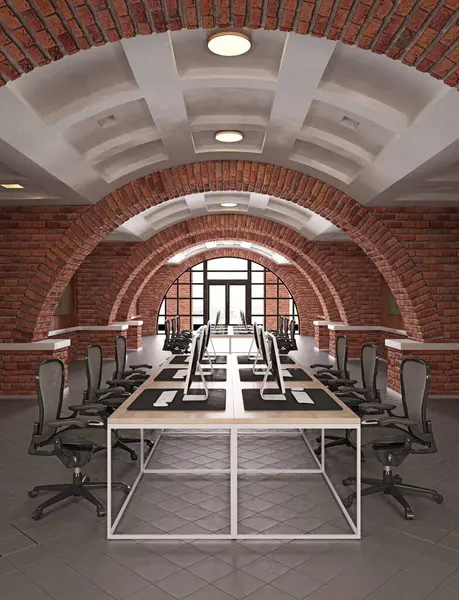 一间有砖墙和地板的现代化办公室的内部 3D渲染 — 图库照片