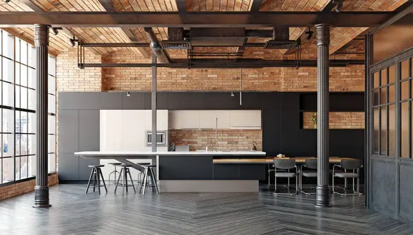 Interior Modern Kitchen Brick Walls Wooden Floor Gray Countertops Bar — Stock Photo, Image