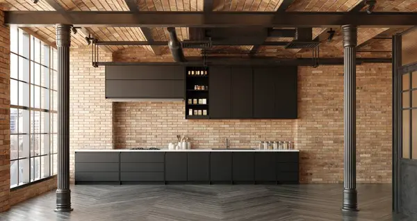 Interior Modern Kitchen Brick Walls Wooden Floor Gray Countertops Bar — Stock Photo, Image