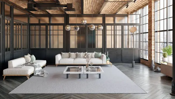 Una Moderna Sala Estar Loft Con Sofá Una Mesa Café —  Fotos de Stock