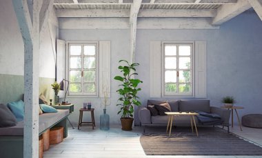 ülke tarzı oturma odası iç. 3d render tasarım konsepti