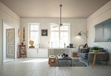 modern İskandinav tarzı oturma odası iç tasarım. 3D illüstrasyon kavramı