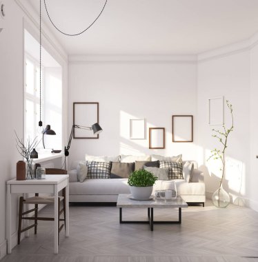 kompakt İskandinav tarzı oturma odası tasarımı. 3d render konsepti