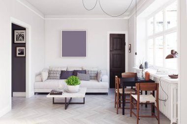 kompakt İskandinav tarzı oturma odası tasarımı. 3d render konsepti