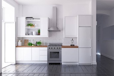 modern İskandinav tarzı mutfak iç. 3d render tasarımı