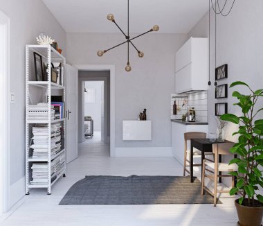 modern İskandinav tarzı mutfak iç. 3d render tasarımı