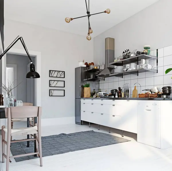 Interior Cocina Estilo Escandinavo Moderno Diseño Renderizado Imagen De Stock