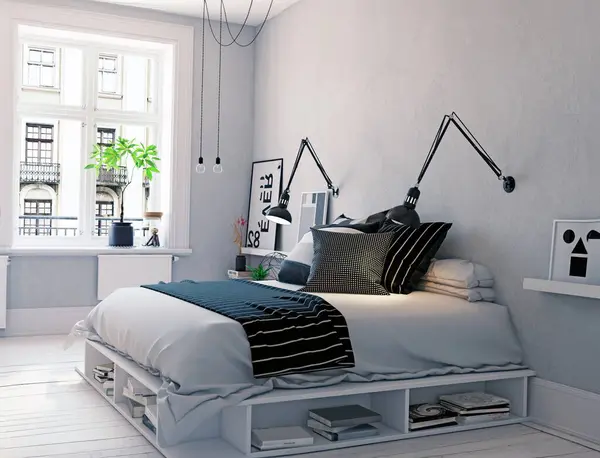 Moderne Schlafzimmereinrichtung Rendering Designkonzept Stockbild