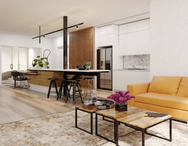 Modern mutfak iç mimarisi. 3d tasarım kavramı