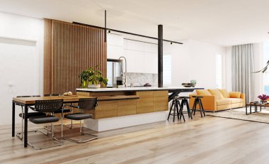 Modern mutfak iç mimarisi. 3d tasarım kavramı