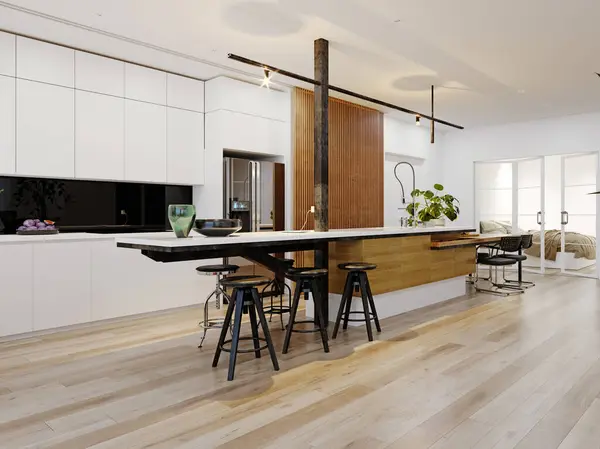 Interior Cozinha Moderna Conceito Design Renderização — Fotografia de Stock