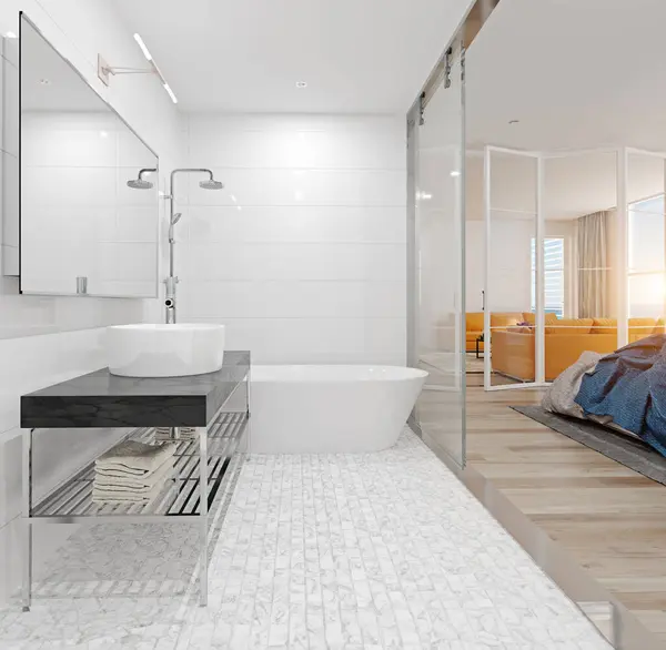 Yatak Odasında Modern Banyo Render Konsepti — Stok fotoğraf