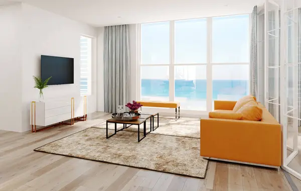 Modern Sea View Living Room Interior Rendering Design Concept — Stock Photo, Image