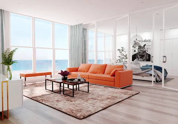 Modern Sea View Living Room Interior Rendering Design Concept — Stock Photo, Image