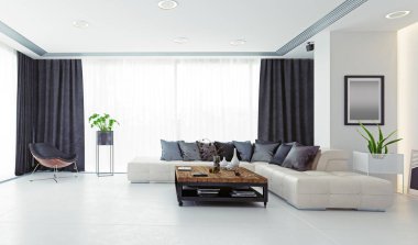 Modern oturma odası tasarımı. 3d render konsepti