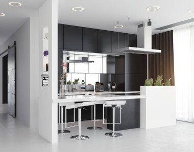 Modern mutfak siyah beyaz iç mekan. 3d tasarım kavramı