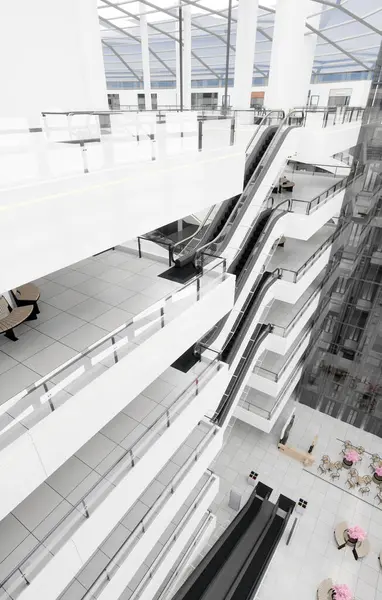 近代的なショッピングモールのエスカレーター 3Dデザインレンダリング — ストック写真