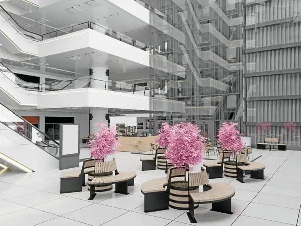现代购物中心的自动扶梯 3D设计渲染 — 图库照片