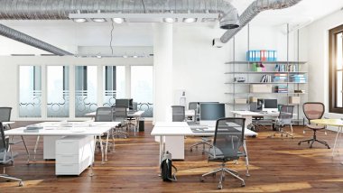Modern ofis iç tasarım konsepti. 3d hazırlama tasarımı