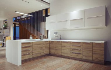 Modern ev mutfağı. 3d tasarım kavramı