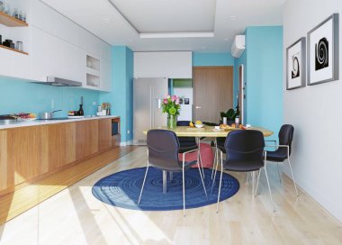 Modern mutfak iç tasarım konsepti. 3d görüntüleme fikri.