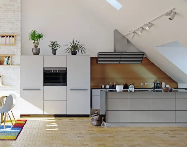 Modern Attic Kitchen Interior Rendering Design Concept — Stock Photo, Image