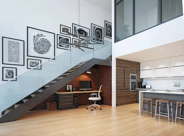 现代化的家庭办公室内部 3D渲染设计概念 免版税图库图片