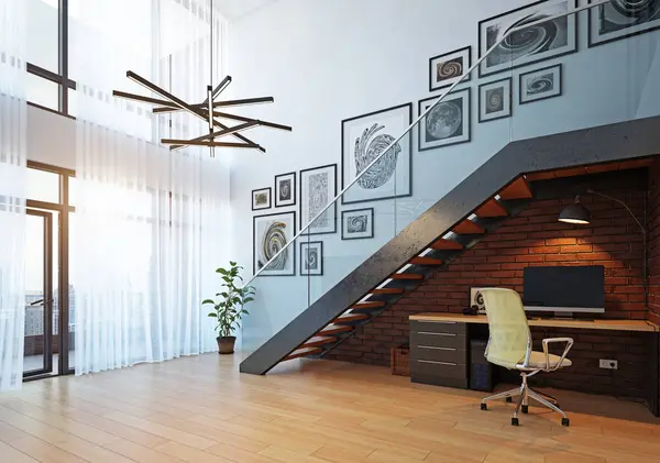 Modernes Home Office Interieur Rendering Designkonzept Stockfoto