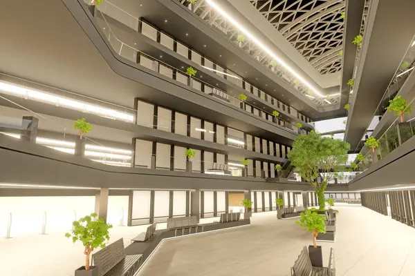 緑の植物が付いている現代オフィスの建物のインテリアの設計の3Dレンダリング — ストック写真