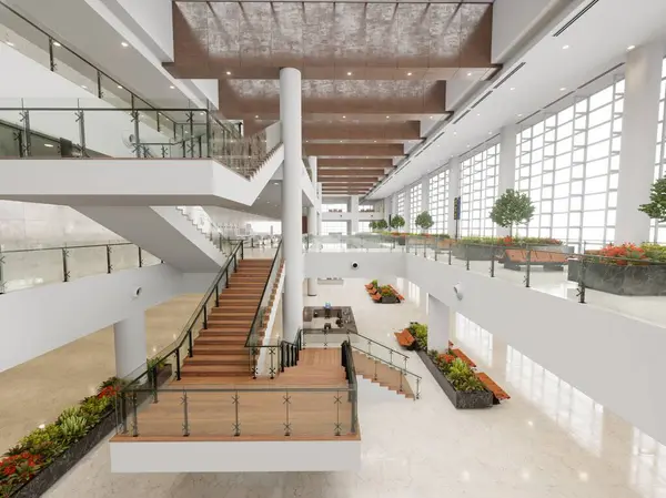 带有楼梯和植物的现代办公大楼内部的3D渲染 — 图库照片
