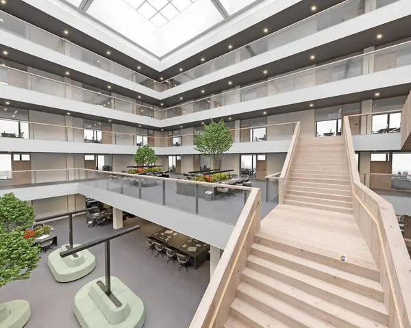 带有楼梯的现代化办公大楼内部的3D渲染 — 图库照片