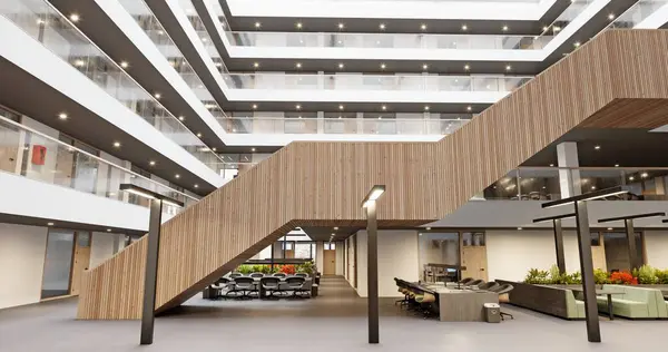 Rendering Innenraum Eines Modernen Bürogebäudes Mit Treppe Stockbild