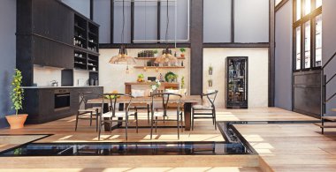 Modern ev mutfağı. 3d tasarım kavramı