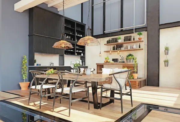 Moderne Häusliche Kücheneinrichtung Rendering Designkonzept — Stockfoto