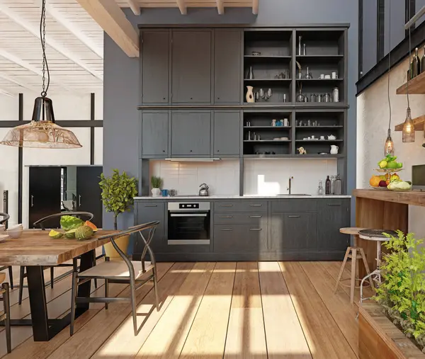 现代家庭厨房内部 3D渲染设计概念 — 图库照片