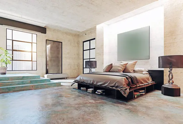 Moderno Loft Dormitorio Interior Concepto Renderizado Imágenes de stock libres de derechos