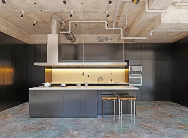 Moderne Häusliche Kücheneinrichtung Rendering Designkonzept Stockbild