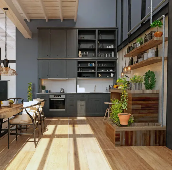 Moderne Häusliche Kücheneinrichtung Rendering Designkonzept lizenzfreie Stockfotos
