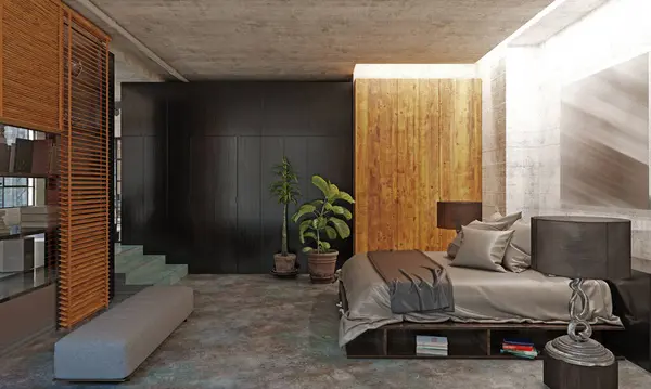 Moderne Loft Schlafzimmer Interieur Rendering Konzept Stockfoto