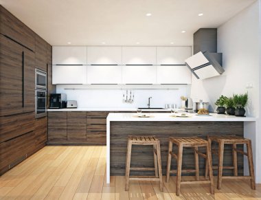 Modern mutfak iç. 3D render kavramı