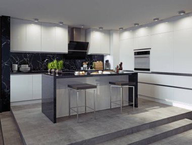 Modern mutfak iç. 3D render kavramı