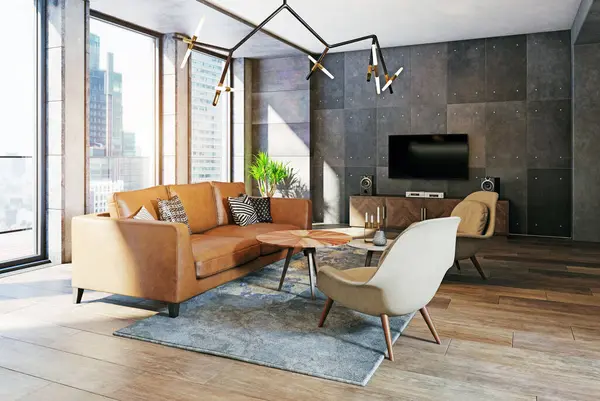 公寓内部的现代化客厅 3D渲染设计概念 免版税图库图片